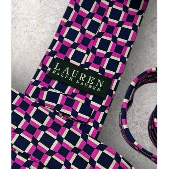 NEW LAUREN RALPH LAUREN Silk Tie Black Purple Geometric W:3.5" EUC - Picture 2 of 6